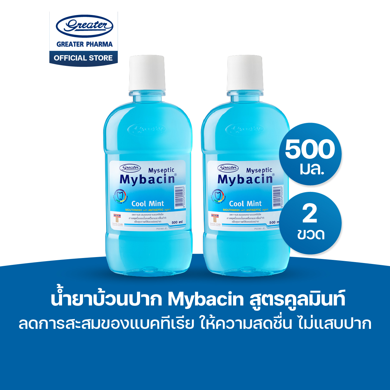 น้ำยาบ้วนปาก สูตรคูลมินท์ ลดการสะสมของแบคทีเรีย ให้ความสดชื่น ไม่แสบปาก ขนาด 500มล. Mybacin - Image 2